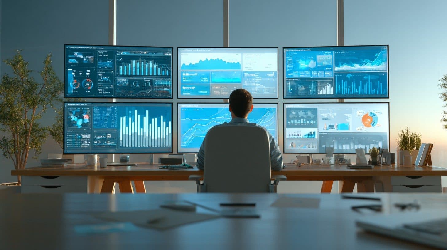 Modern office setting with a person analysing data on multiple screens showing search analytics transforming into AI-generated answer snippets, clean minimalist aesthetic, professional lighting, blues and whites color palette, business professional atmosphere