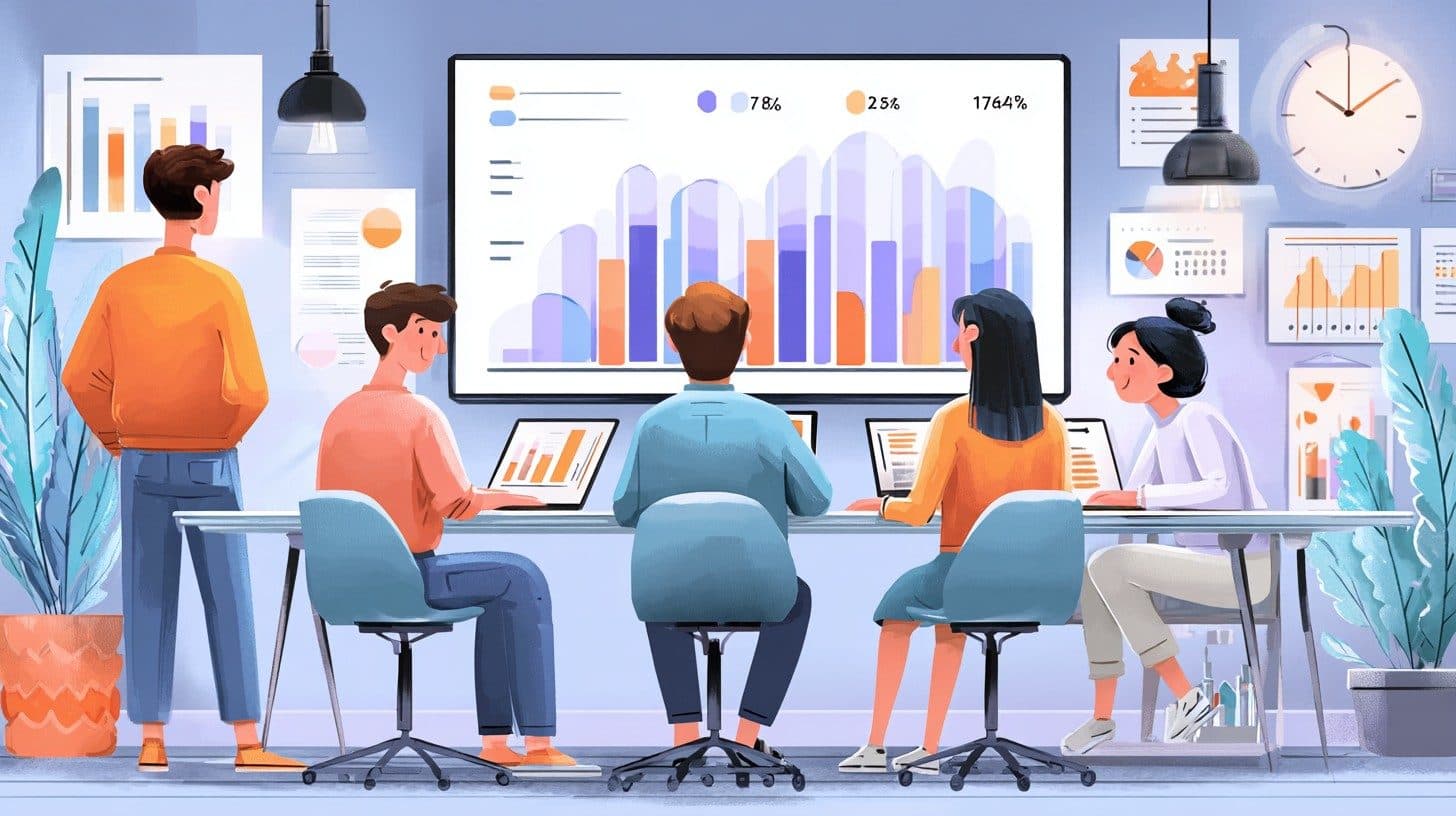 Clean, modern office environment with multiple professionals reviewing documents and charts on a large monitor, showing data analytics and conversion metrics