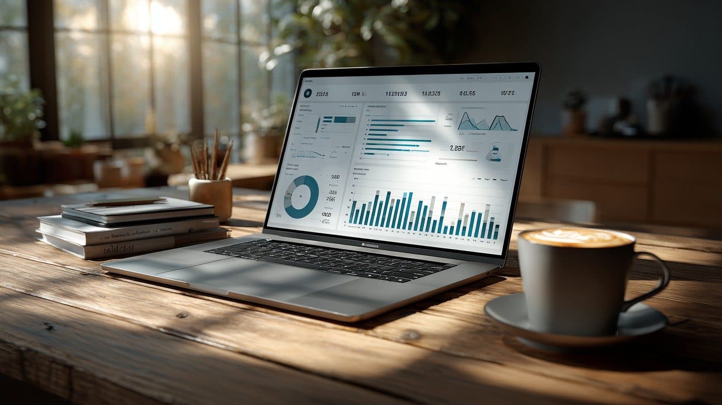 modern workspace with a laptop showing simplified analytics dashboard charts and graphs, soft natural lighting, minimal desk setup with coffee cup and notebook