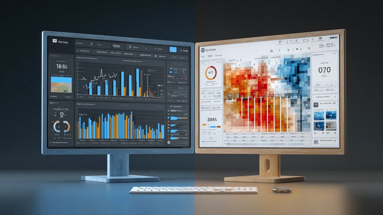 Split-screen data visualization showing fragmented analytics dashboard with missing data points and gaps, one side showing incomplete bar charts and broken trend lines, other side showing clean organized data flows, minimal modern design with blue and white color scheme, professional B2B aesthetic, abstract geometric representation of data integrity