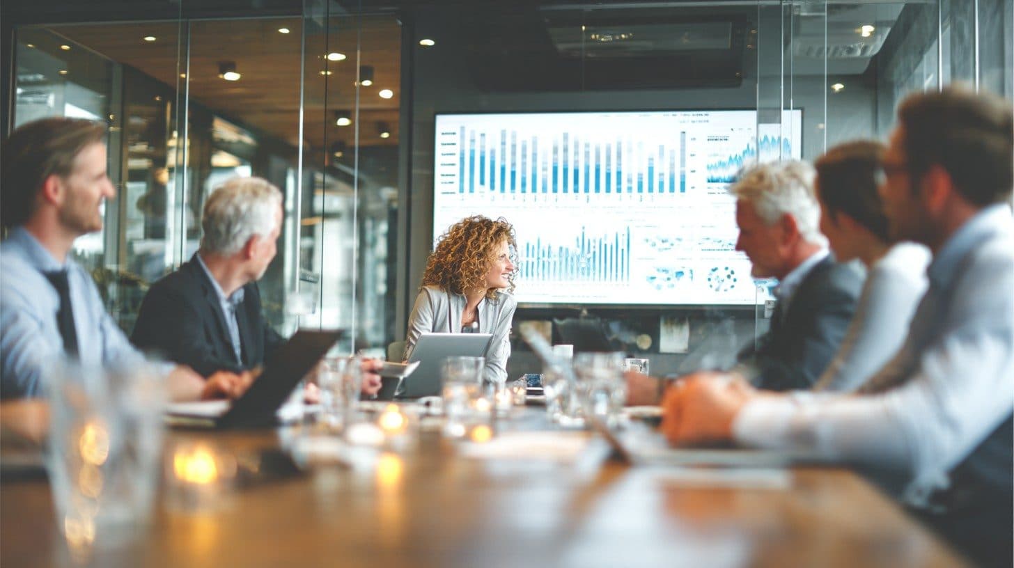 Professional office setting showing diverse business team reviewing digital documents on tablets and laptops around a modern conference table