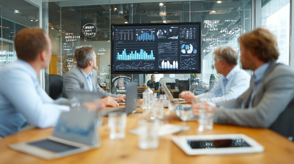Professional office setting showing diverse business team reviewing digital documents on tablets and laptops around a modern conference table