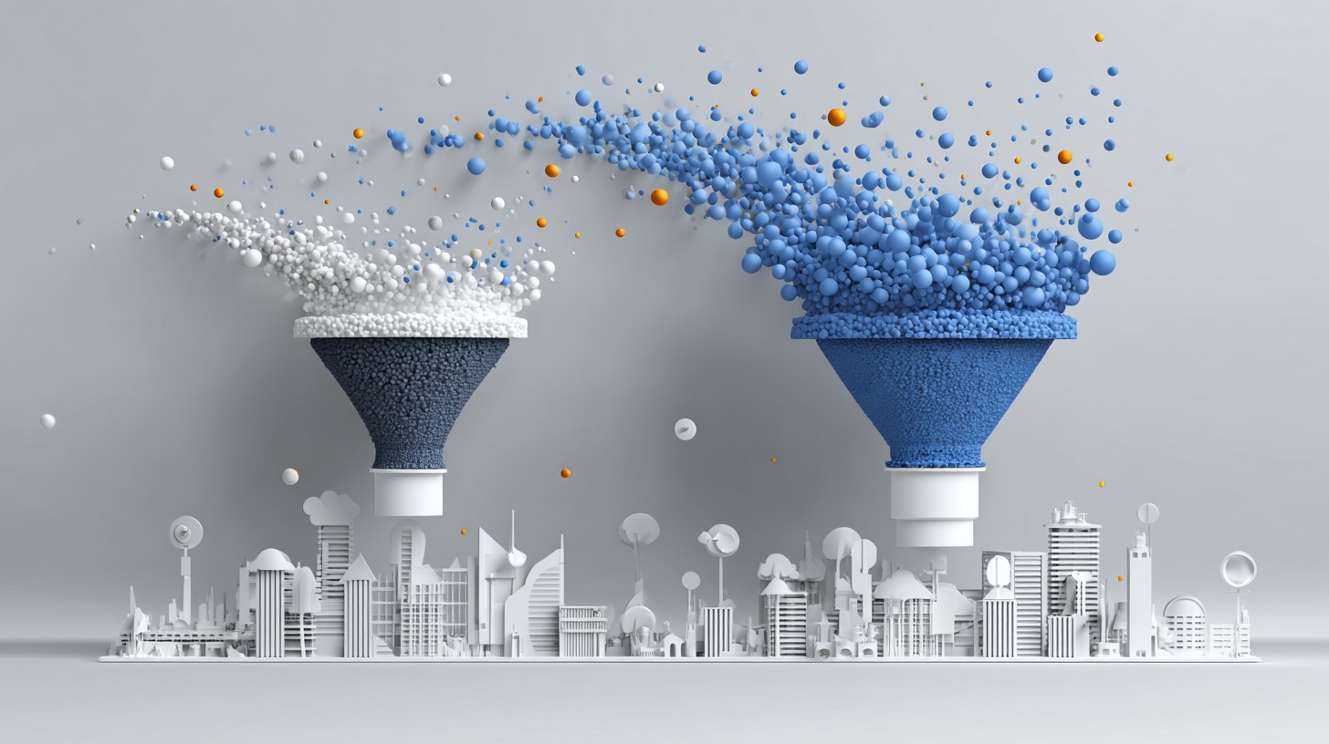 Clean, minimalist illustration showing two different sized funnels with data streams flowing through them, one large funnel with rich, complete data visualization and one smaller funnel with sparse