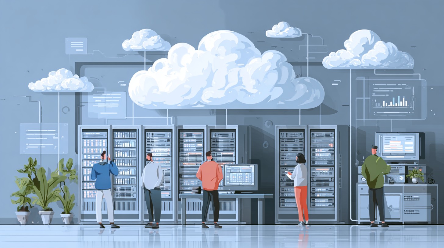 Modern server room with clean geometric data visualization flowing between server racks and cloud icons, minimalist tech aesthetic with blue and white colour scheme, professional B2B illustration style