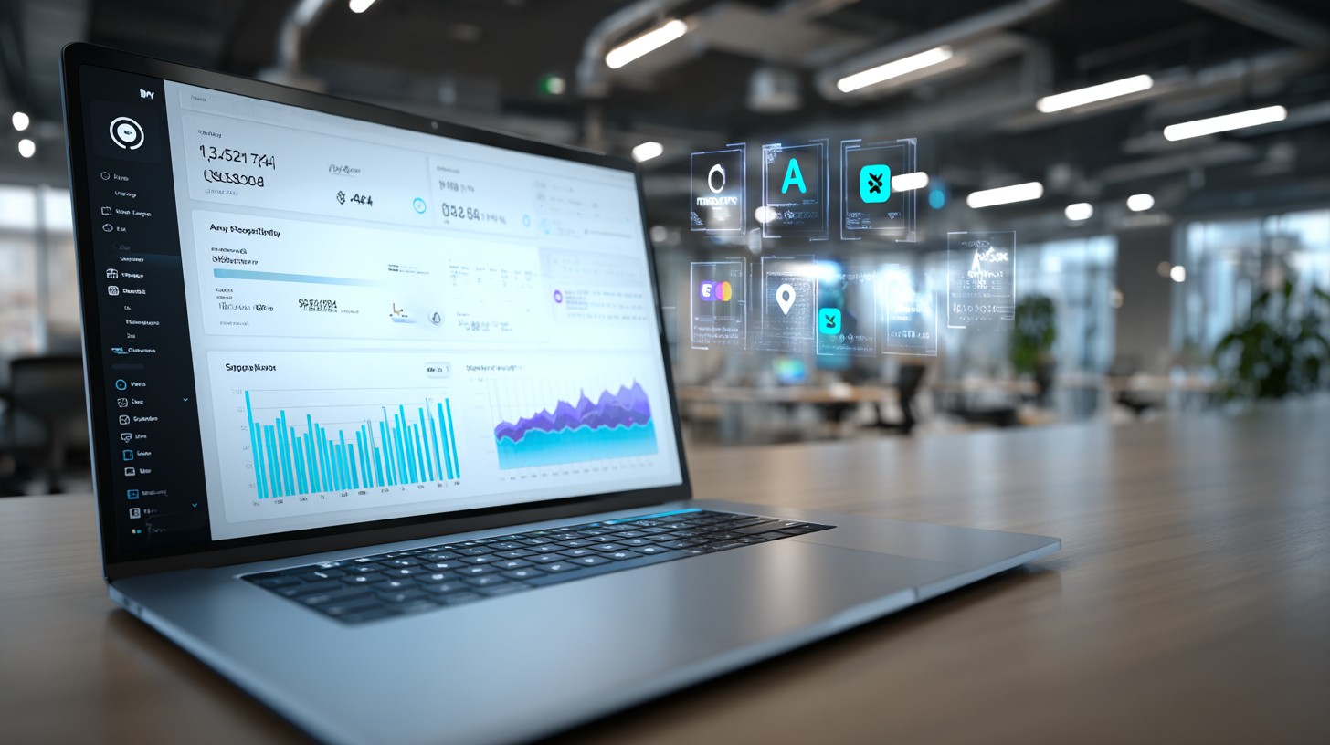 Clean, minimalist workspace showing a laptop screen displaying content analytics dashboard with AI and search engine icons floating above, soft blue and white colour palette, professional lighting, shot from slight angle, modern office environment