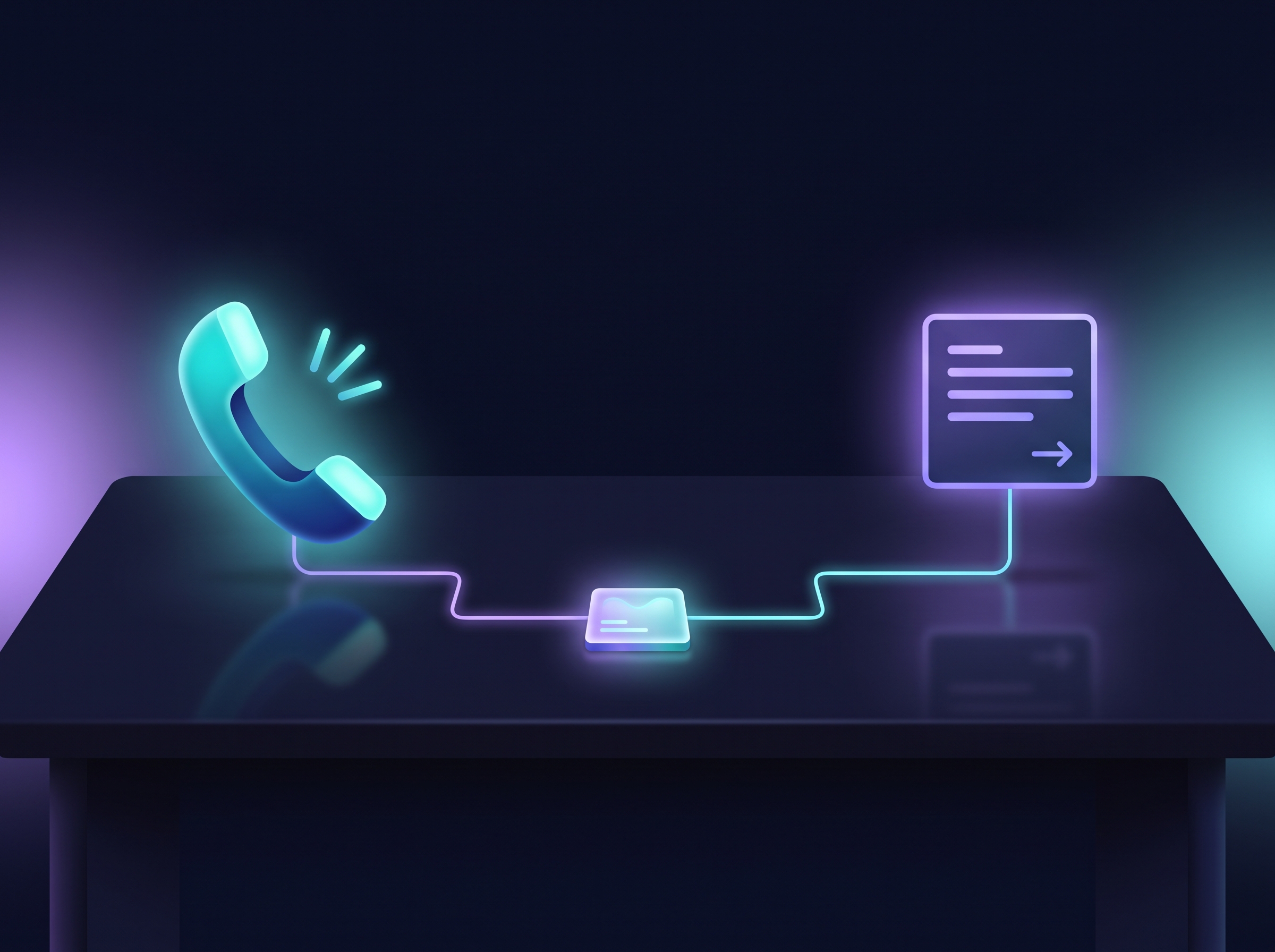 A glowing phone handset and form icon connected by light to one dashboard tile — tracking calls and form submissions with GA4