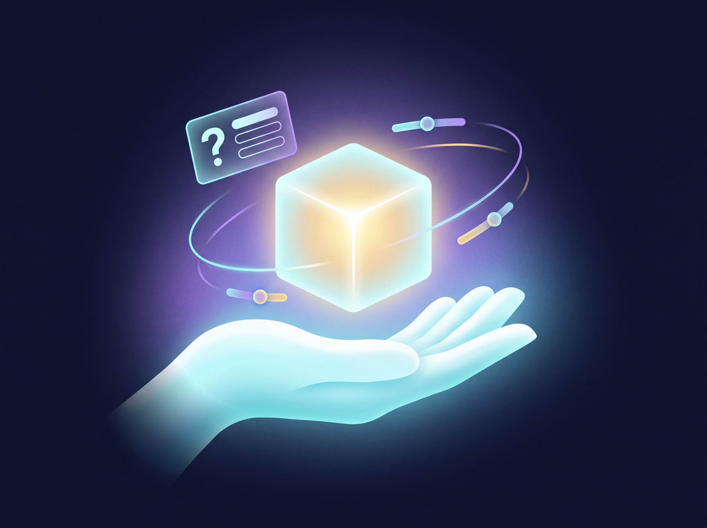 An open hand of light offering a glowing cube with quiz and slider shapes around it — zero-party data collection through interactive content